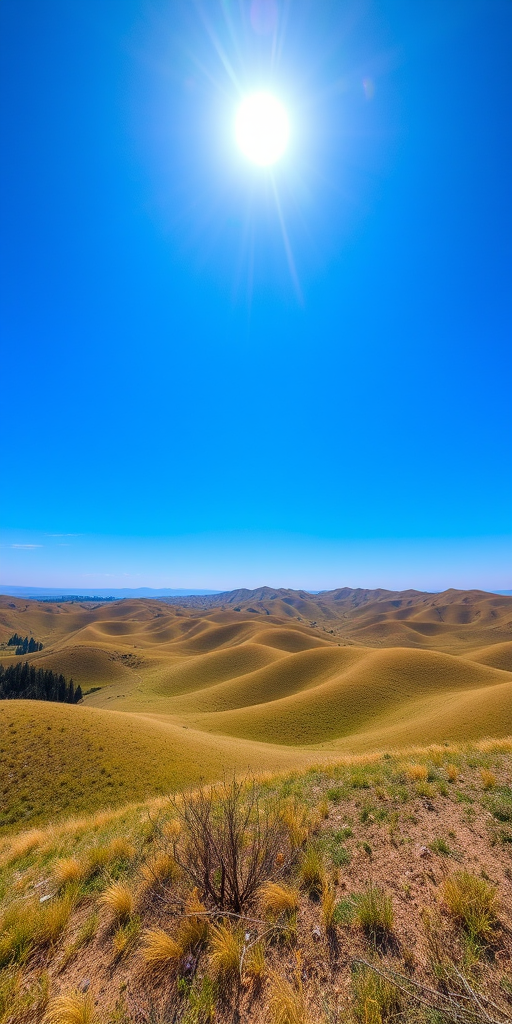 Generate a high-resolution image of a serene landscape with rolling hills and a clear blue sky, shot with a DSLR camera using a 35mm lens at f/8, ISO 100, and a shutter speed of 1/250s, captured from a wide-angle perspective to enhance depth and detail.