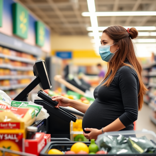 young pregnant woman as a walmart cashier ringing up someone's groceries she works there. shes wearing a surgical mask
