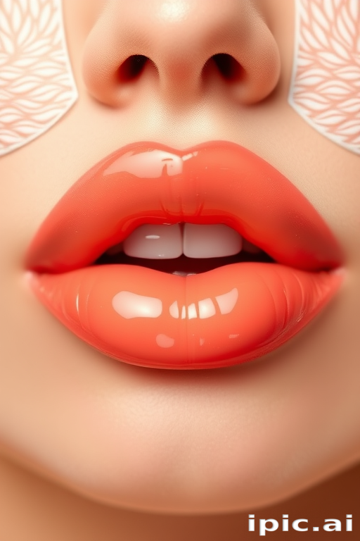 Glossy peach lips with a jelly texture, called "Nectar Delight," providing a juicy, translucent finish and a hydrating formula for a plump pout
