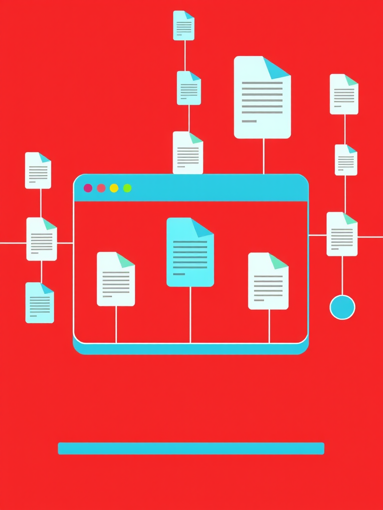 Create a digital illustration of a web interface with colorful documents connected by lines, set against a red background, using a 50mm lens at f/2.8 aperture, ISO 100, shot in high dynamic range style with a full-frame DSLR camera.