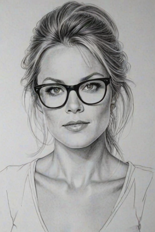 Alluring Andrea Anders, pencil sketch, portrait of Beauteous woman 1979s in glasses, hair style beatnik, outline, clear lines, fine lines, 8k