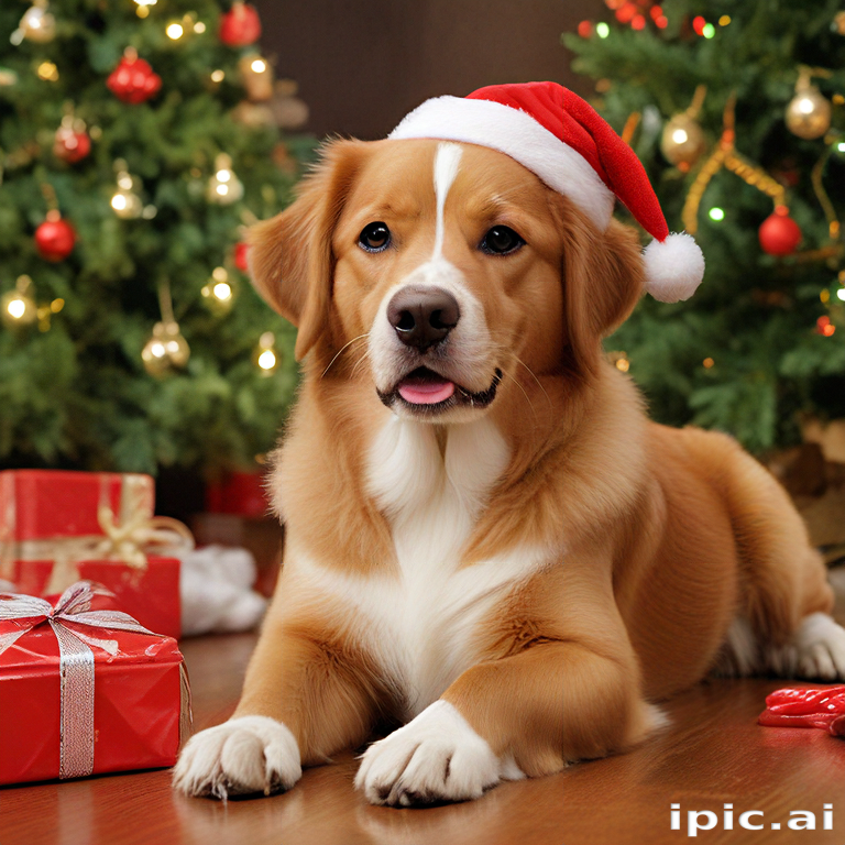 A Festive Dog Wearing a Santa Hat Surrounded by Christmas Decorations.