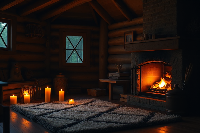 Warmly lit photo of a cozy cabin interior, with a crackling fireplace, soft light from candles, and a plush rug covering the wooden floor.