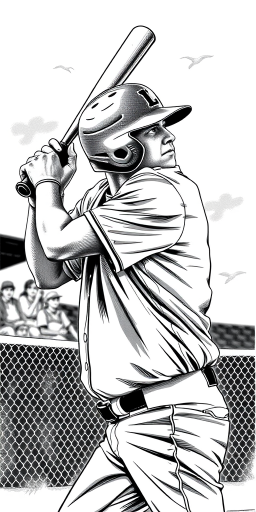 Create a high-resolution black and white illustration of a baseball player poised to bat, DSLR camera, 50mm lens, f/2.8 aperture, ISO 100, natural light, side view for dramatic angle, vintage engraving style.