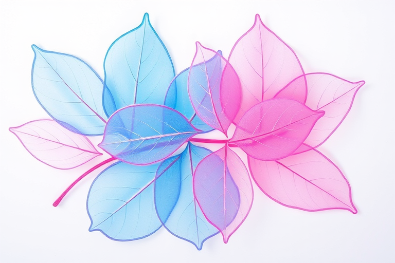 vivid illustration of overlapping pink and blue outlined leaves on a white background, DSLR camera settings f/8, ISO 200, 1/250s, top-down view, high-resolution, natural lighting