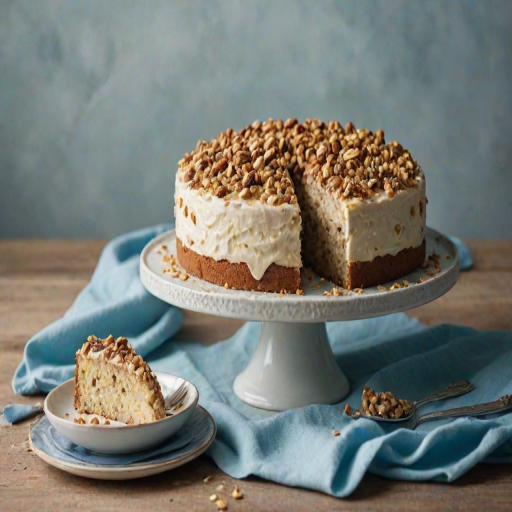 Generate a detailed image of a freshly baked cake on a round plate. The cake should have a creamy white frosting and be topped with crushed nuts. A few slices should be cut out, revealing the moist layers inside. The setting should include a light blue cloth beside the plate and a small bowl of additional crushed nuts in the background. The overall mood should be inviting and appetizing, perfect for a dessert display.