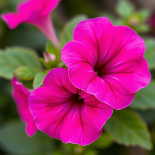 close-up photo of vibrant pink petunia flowers with green leaves, aperture f/2.8, shutter speed 1/200 sec, ISO 100, macro lens, soft diffused lighting, shallow depth of field