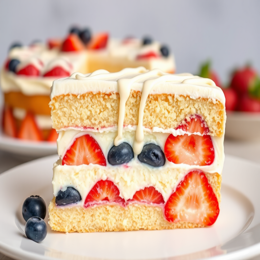 Create an image of a delicious layered dessert featuring a slice of creamy cake with alternating layers of vanilla cream and fresh strawberries and blueberries topped with white chocolate drizzle served on a white plate with the whole dessert in the background.