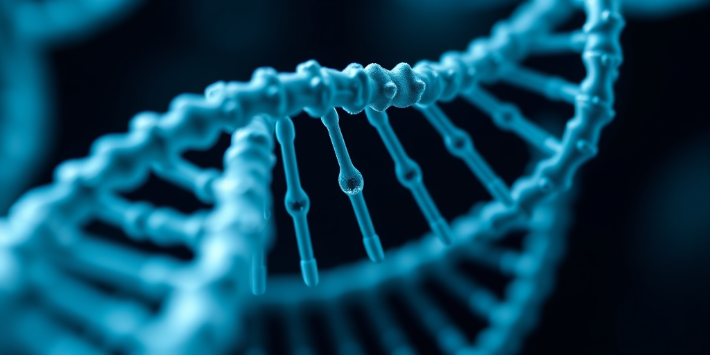 Create a high-resolution molecular structure of DNA strands in a dark background using a macro lens with a shallow depth of field, f-stop of 2.8, ISO 100, shutter speed of 1/200s, rendered in 4K quality with a soft focus effect to enhance detail and contrast.