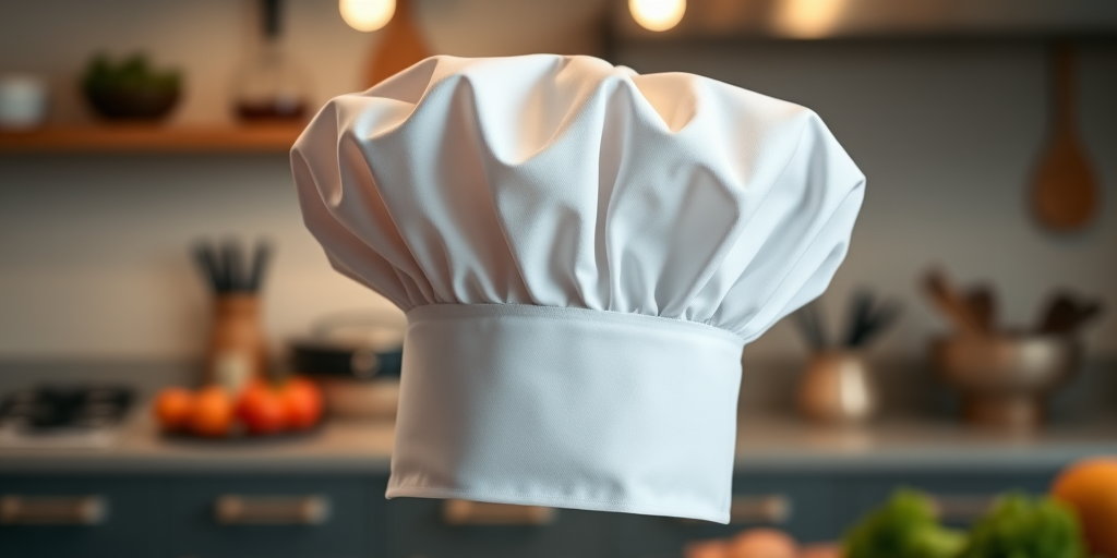 Create a high-resolution image of a chef's hat with a soft focus background; use a DSLR camera with a 50mm lens at f/1.8, ISO 100, and a shutter speed of 1/200 sec, capturing the hat in a bright kitchen setting.