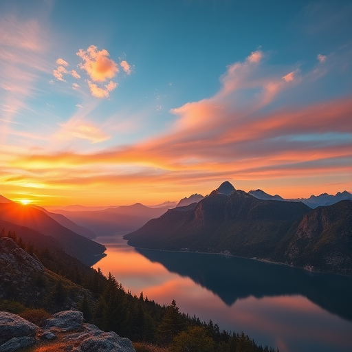 Generate an image of a high-resolution landscape with mountains, a sunset sky, and a reflective lake, captured with a Canon EOS R5, 24mm lens, f/8 aperture, ISO 100, shot at sunset with soft, natural lighting.