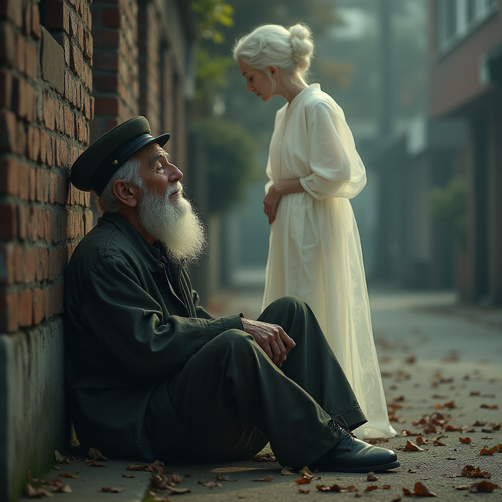 beautifully weathered old homeless veteran sitting on the ground slumping against the wall of a building with his eyes closed. there is an Ethereal, translucent figure of a beautiful elderly woman comforting him