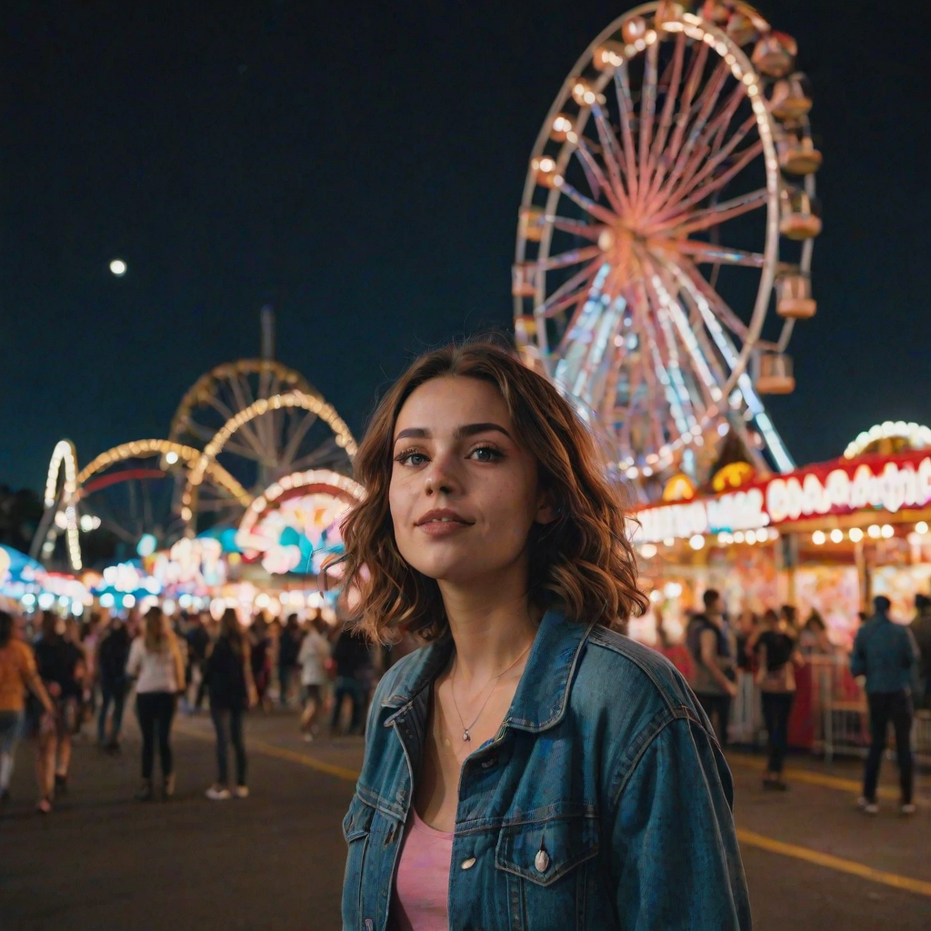 Bustling carnival at night, with bright lights and colorful tents, a woman in a denim jacket stands in front of a Ferris wheel, cotton candy in hand, her eyes lit with excitement.