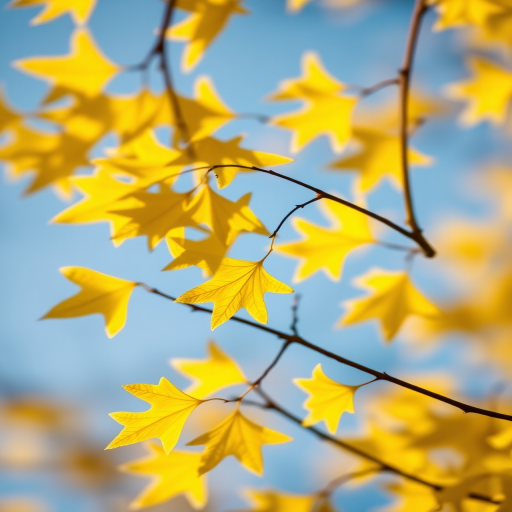close-up shot of vibrant yellow ginkgo leaves against a soft blue background with shallow depth of field, aperture f/2.8, ISO 100, 50mm lens, natural daylight, DSLR camera