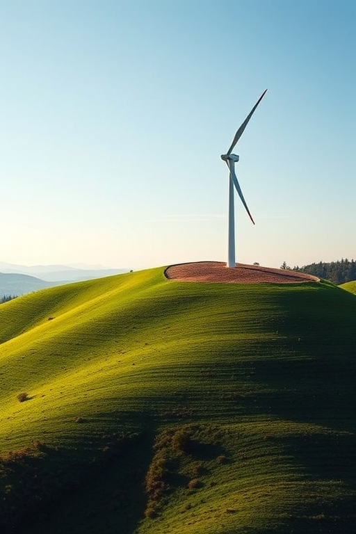 Create a high-resolution image of a modern wind turbine on a green hill, using a Nikon D850 camera, 35mm lens, f/8 aperture, ISO 100, and a panoramic view to enhance depth and clarity in natural lighting.