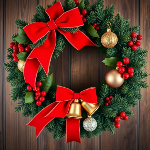 Create a high-resolution image of a Christmas wreath adorned with a red bow, bells, holly leaves, and shimmering baubles, captured using a DSLR camera with a 50mm lens, aperture set to f/2.8, Shutter speed 1/125 sec, ISO 200, shallow depth of field for a blurred background, top-down view.