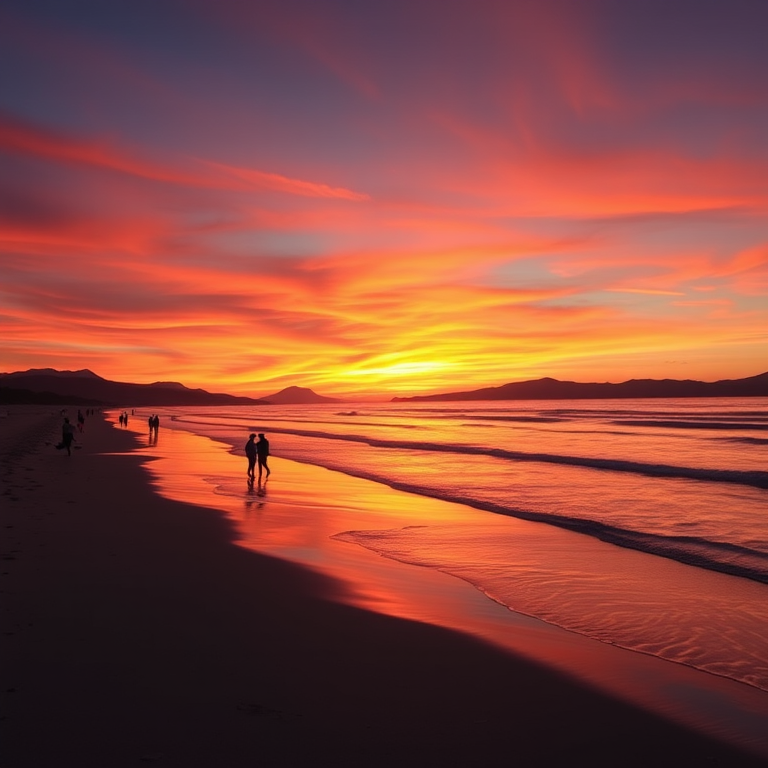 regenerate a sunset beach scene with silhouettes of mountains and people walking along the shore, using a DSLR camera, f/8 aperture, ISO 100, 1/125 sec shutter speed, wide-angle view, vibrant colors, and enhanced contrast.