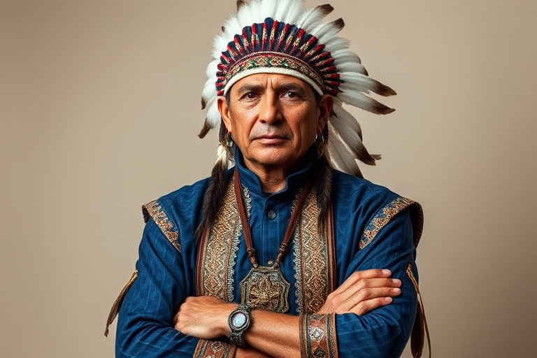 Create a dignified portrait of a Native American man dressed in traditional attire. He wears a beautifully crafted headdress adorned with white feathers and red beads, along with a beaded headband featuring intricate patterns. His clothing includes a deep blue, patterned shirt and a traditional chest piece with detailed beadwork. His arms are crossed, displaying leather armbands decorated with feathers. The background is simple and neutral, emphasizing his proud and stoic expression. The overall image captures the rich cultural heritage and strength of his persona.