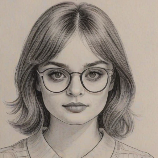 Radiant Joey King, pencil sketch, portrait of Bewitching woman 1973s in glasses, hair style beatnik, outline, clear lines, fine lines, 8k