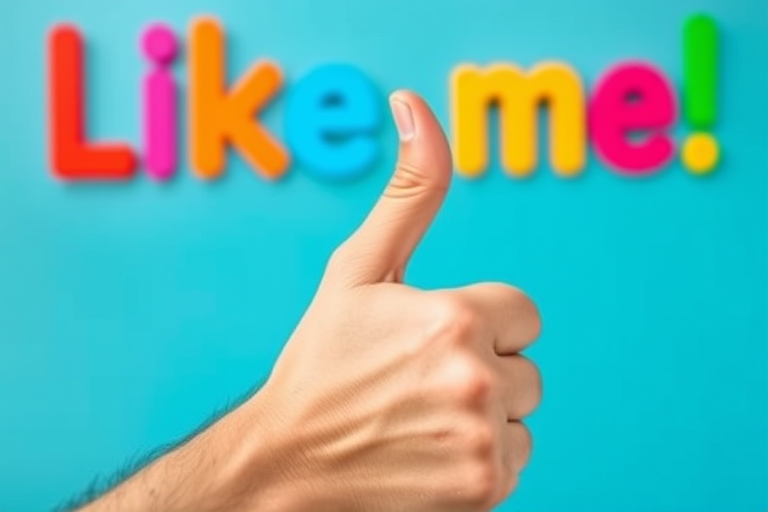 Create an image of a hand giving a thumbs-up with colorful, playful text saying "Like me!" in various vibrant colors, captured with a Canon EOS R5, 50mm f/1.2 lens, at f/2.8 aperture, ISO 100, and natural lighting to enhance clarity and vibrancy.