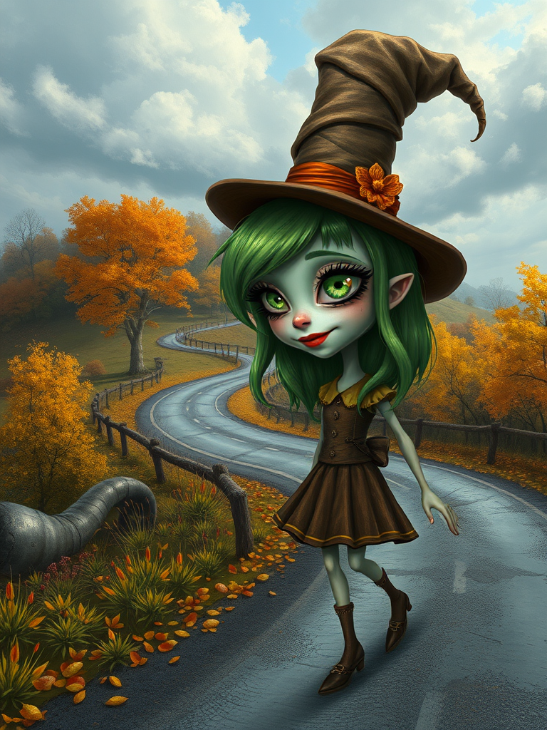 digital art fantasy depicting a strange girl with green hair, long eyelashes, orange lipstick and a tall hat walking along a winding road on an autumn afternoon, an Eel smiles as she passes