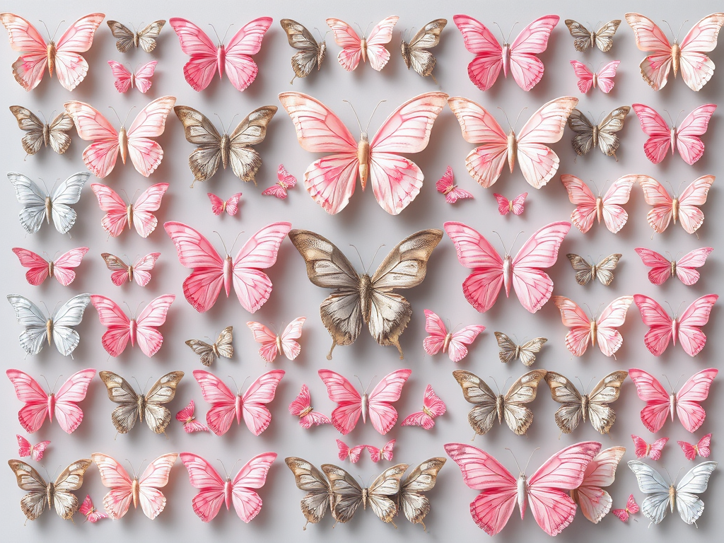 Generate an image featuring a symmetrical arrangement of butterflies. Include various styles of butterflies with a focus on soft pink and gray colors. The layout should have a grid pattern with multiple rows and columns, ensuring a balanced and harmonious design.
