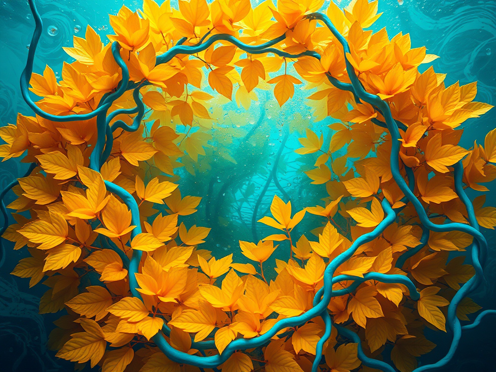 Create a vibrant digital artwork of a circular underwater scene surrounded by lush yellow and orange leaves intertwined with soft blue vines, using a 50mm lens, f/2.8 aperture, ISO 100, shot in a macro style with a high-resolution digital camera for enhanced clarity and color depth.