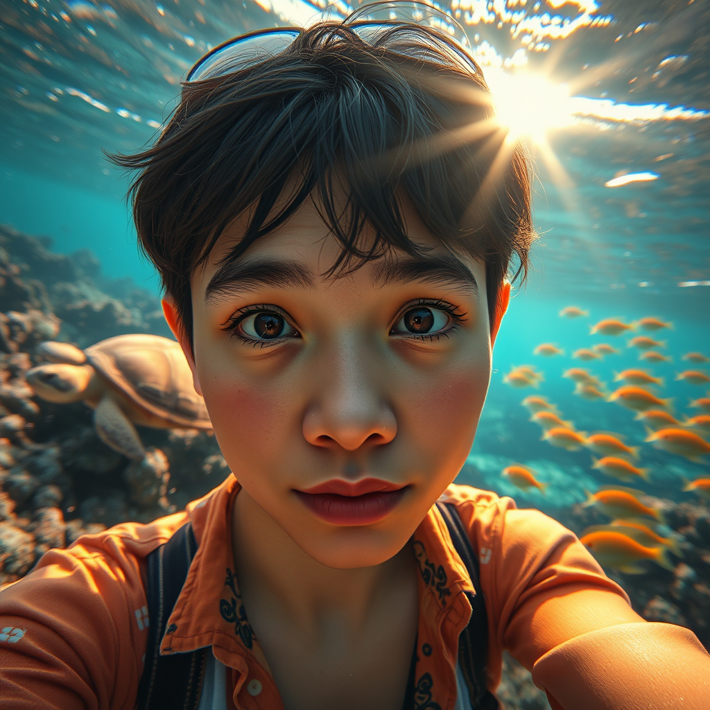 Realistic selfie image of a Singaporean, wearing a vintage outfit, detailed dreamy eyes, droopy hooded eyes, staring at the camera, taken underwater at coral reef with a sunbeam filtering through the water, vibrant, summer vacation, natural lighting, turtle and school of tropical fish with vibrant colors, rendered in the style of CryEngine, Pegi Nicol MacLeod, with realistic genre scenes, hauntingly beautiful narratives, ultra-realism, and Thomas Saliot's close-up technique, 8K resolution, crystal clear and sparkling water.