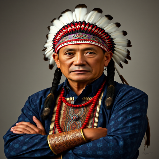 Create a dignified portrait of a Native American man dressed in traditional attire. He wears a beautifully crafted headdress adorned with white feathers and red beads, along with a beaded headband featuring intricate patterns. His clothing includes a deep blue, patterned shirt and a traditional chest piece with detailed beadwork. His arms are crossed, displaying leather armbands decorated with feathers. The background is simple and neutral, emphasizing his proud and stoic expression. The overall image captures the rich cultural heritage and strength of his persona.