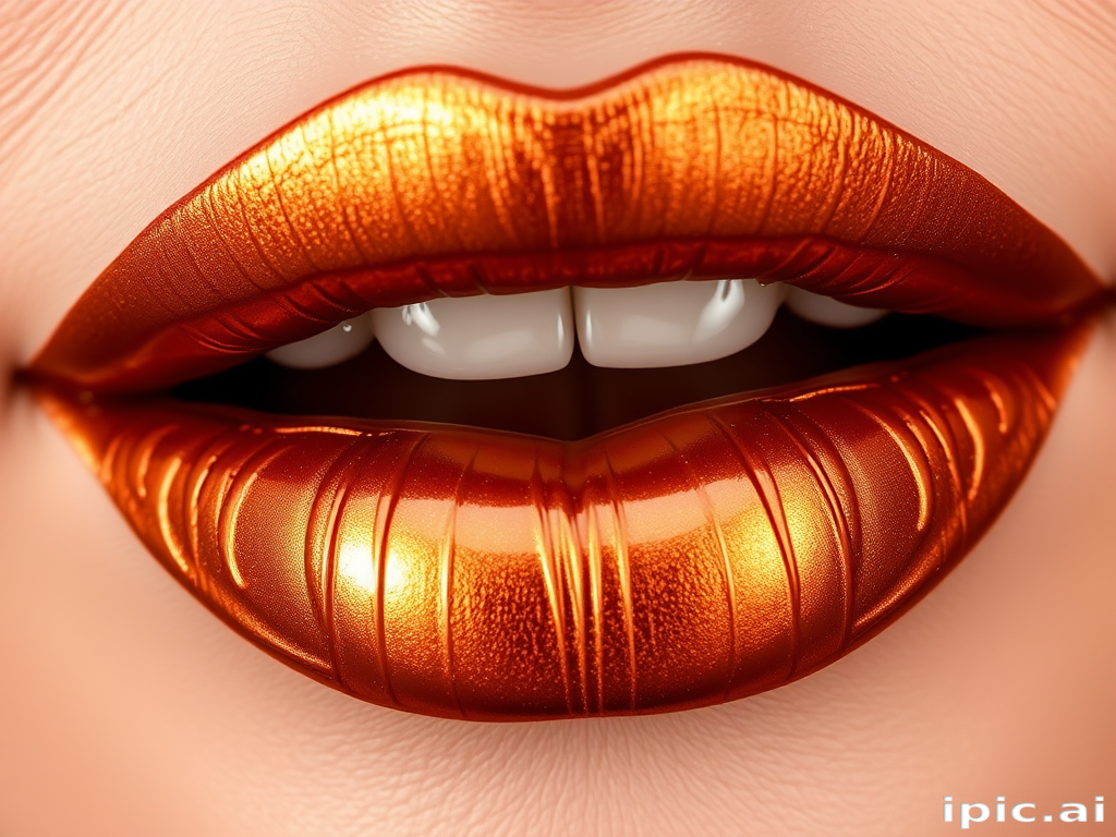 Metallic bronze lips with a liquid metal finish, named "Molten Amber," showcase a unique metallic sheen and warm undertones for a bold statement