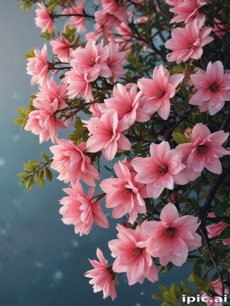Delicate Pink Blossoms Adorning a Lush Green Branch in Springtime Beauty