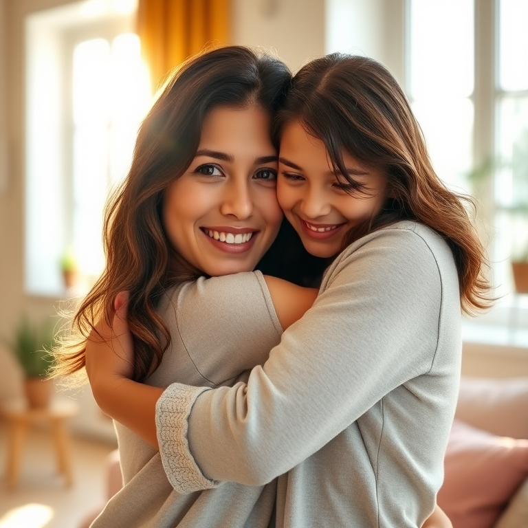 Capture a warm embrace between a mother and daughter in a bright, sunlit room; use a Canon EOS R5 with an 85mm f/1.2 lens, set to aperture f/2.8, shutter speed 1/125s, ISO 200, natural light, shallow depth of field for a soft background blur.