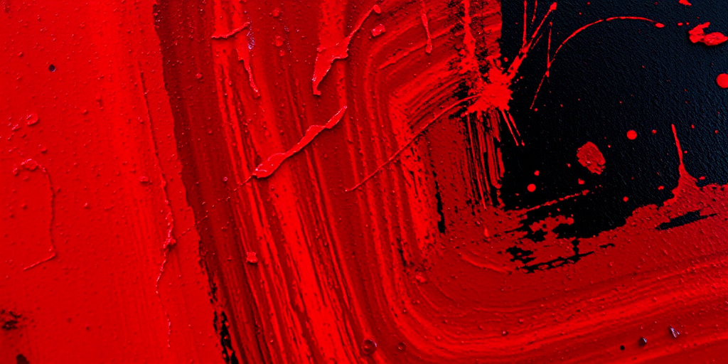 Create an abstract artistic image with deep reds and blacks, featuring textured brush strokes, using a Canon EOS R5 camera with a 50mm lens, aperture f/1.8, ISO 100, shot from a close-up view, with a high dynamic range to enhance the vibrancy and contrast of colors.