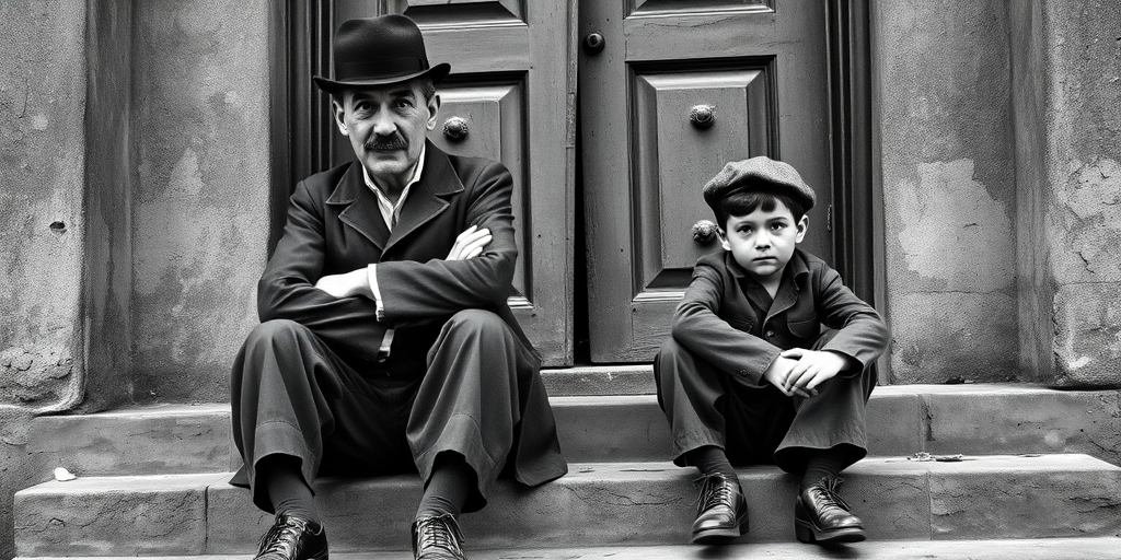 A black-and-white photograph of a man and a child sitting on steps in front of a doorway. The man is dressed as a tramp with a bowler hat, mustache, and ragged clothes, reminiscent of Charlie Chaplin's iconic look. He is sitting with his arms crossed and an expression of slight sadness or frustration. Next to him is a young boy, also in worn clothes and a cap, sitting with his hands clasped, looking thoughtful. The background is an old, textured wall and a partially open door, creating a vintage, early 20th-century atmosphere.