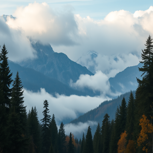 dense forest in front of majestic mountains shrouded in fog and clouds, autumn colors peeking through, captured with a Canon EOS R5, using an 24-70mm f/2.8 lens at f/8, ISO 100, 1/250 sec, in soft natural light, wide-angle view for depth and detail.