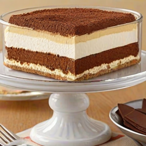 Generate an image of a sliced tiramisu dessert with layers of coffee-soaked ladyfingers and creamy mascarpone cheese, topped with a dusting of cocoa powder. The dessert should be displayed in a glass dish, showing the distinct layers and texture.
