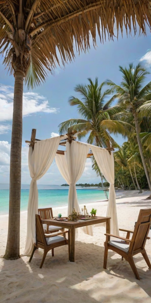 Create a picturesque tropical beach scene featuring a serene, white sandy shore. In the foreground, there's a rustic wooden canopy with white drapes gently flowing in the breeze. Underneath the canopy, a table is set with tropical decor, evoking a sense of relaxation and leisure. The beach extends into a calm, shallow water area with reflections of the sky and surroundings. Palm trees and lush greenery line the edge of the beach, providing a natural, tropical backdrop. The sky is clear with a few scattered clouds, and the overall atmosphere is tranquil and inviting, perfect for a peaceful retreat.