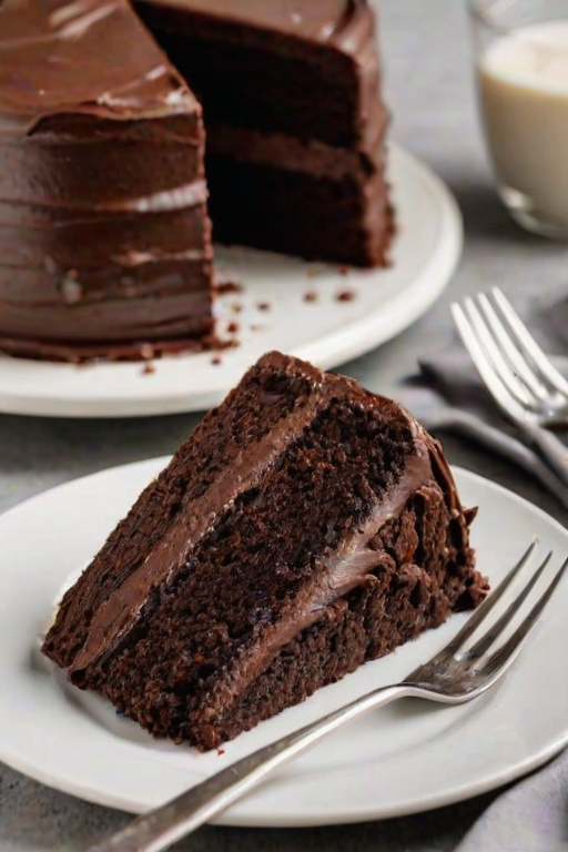 Generate an image of a slice of rich chocolate cake on a plate. The cake should have multiple layers with dark chocolate frosting and a glossy finish. Include a fork resting beside the plate and a textured, neutral background to enhance the focus on the cake.