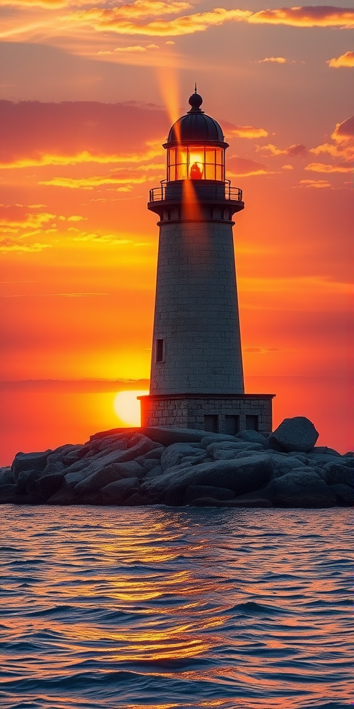 Generate an image of a tall lighthouse perched on a rocky outcrop surrounded by calm ocean waters during a breathtaking sunset. The lighthouse stands sturdy and weathered, its stone surface illuminated by the warm golden light of the setting sun. The sun's rays pass directly through the glass lantern room at the top of the lighthouse, casting a brilliant light across the scene. The sky is painted with vibrant shades of orange, pink, and purple, reflecting off the tranquil sea. The surrounding water shimmers with the same warm hues, creating a serene and majestic atmosphere.
