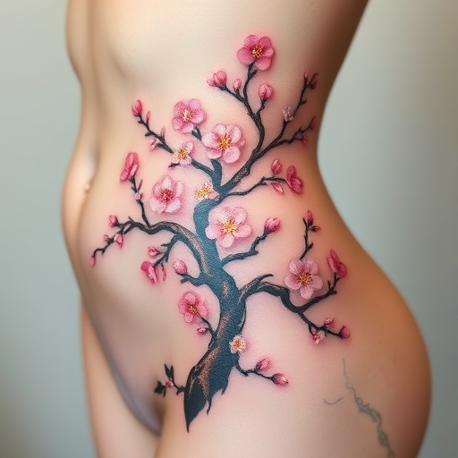 Elegant body tattoo of a blooming cherry blossom tree extending from the hip to the ribcage, executed in soft pastel shades with metallic gold accents