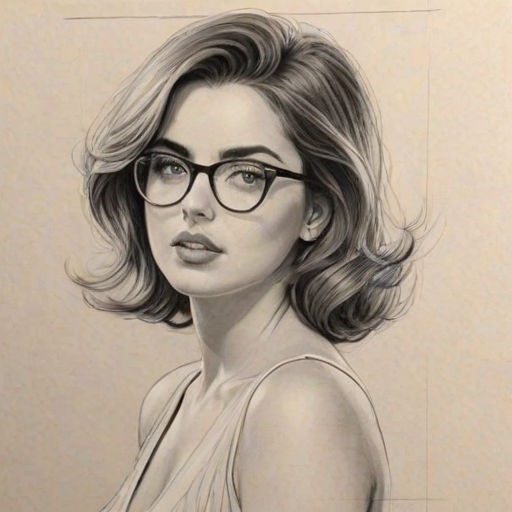 Ravishing Ana de Armas, pencil sketch, portrait of Radiant woman 1959s in glasses, hair style beatnik, outline, clear lines, fine lines, 8k
