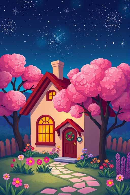 Create a vibrant illustration of a cozy cartoon-style house with a red roof next to a blooming pink tree and colorful flowers, under a starry night sky, using a DSLR camera with a 50mm lens, aperture f/2.8, ISO 100, high dynamic range, and a slightly tilted perspective for depth.
