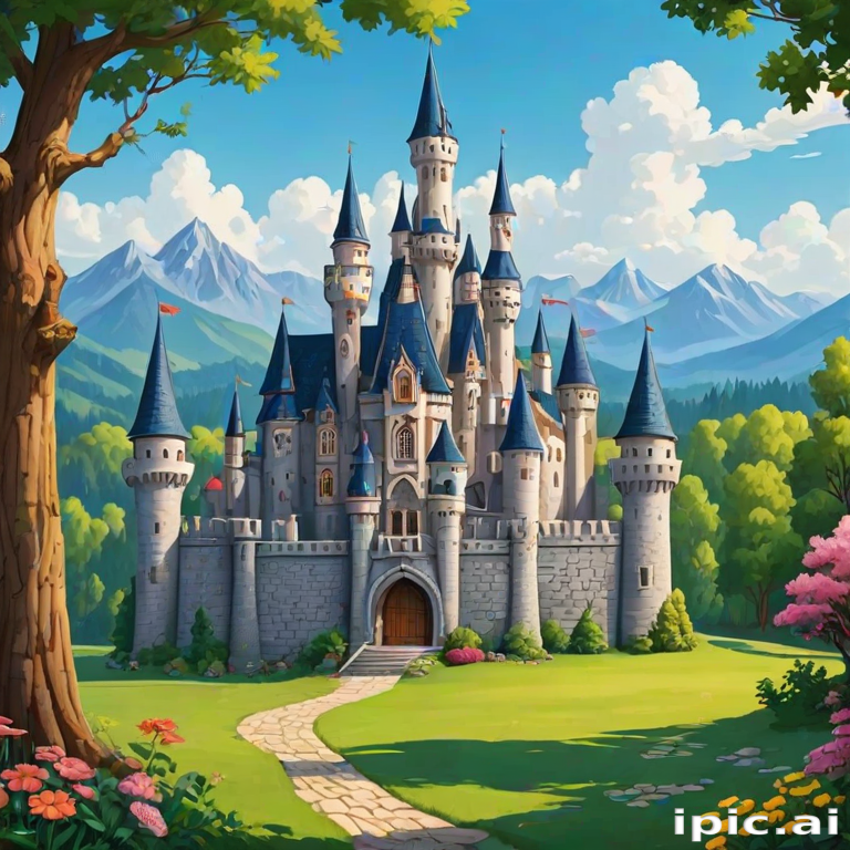 Enchanting Fairy Tale Castle Surrounded by Lush Green Mountains and Flowers