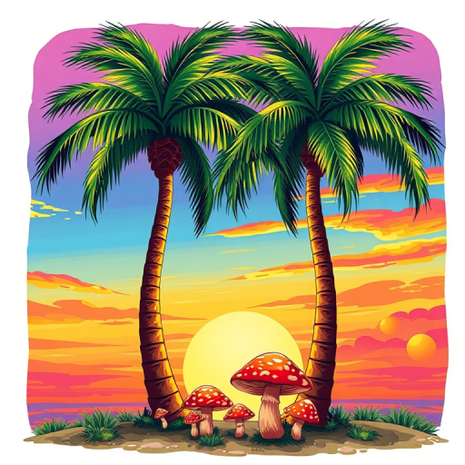 create a vibrant illustration of two palm trees with a colorful sunset background, include whimsical mushrooms at the base, use a DSLR camera with a 35mm lens, aperture f/8, ISO 100, focus on vivid colors and sharp details, capturing a tropical feel in bright daylight settings.