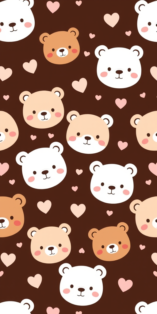 Cute seamless pattern featuring adorable bear faces in various colors including white, light brown, and dark brown on a dark brown background with small hearts and stars scattered throughout. The bears have simple, cartoonish features and a charming, playful vibe.