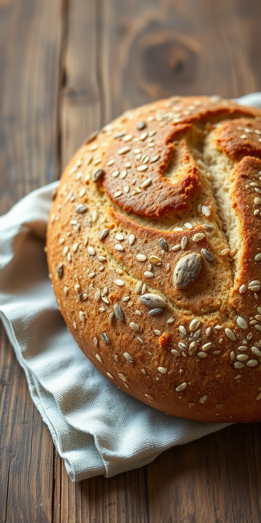 Capture a close-up image of a freshly baked loaf of seed bread on a neutral linen cloth placed on a rustic wooden table, using a Canon EOS R5 with a 50mm f/1.8 lens, aperture set to f/2.8, ISO 100, and natural lighting for optimal texture details.