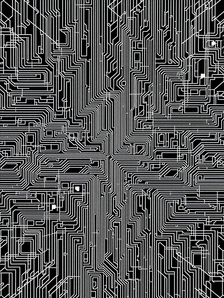 Generate a high-resolution abstract pattern of interconnected lines and shapes resembling a complex maze, captured with a DSLR camera at f/8 aperture, ISO 100, 50mm lens, in natural lighting with a slight overhead angle for depth.