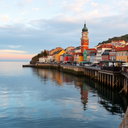 Capture a scenic waterfront view of a coastal town with a clock tower and colorful buildings reflecting in calm water during sunset, using a DSLR camera, ISO 200, f/8, 1/250s, wide-angle lens at 24mm, natural light for enhanced vibrancy and clarity.