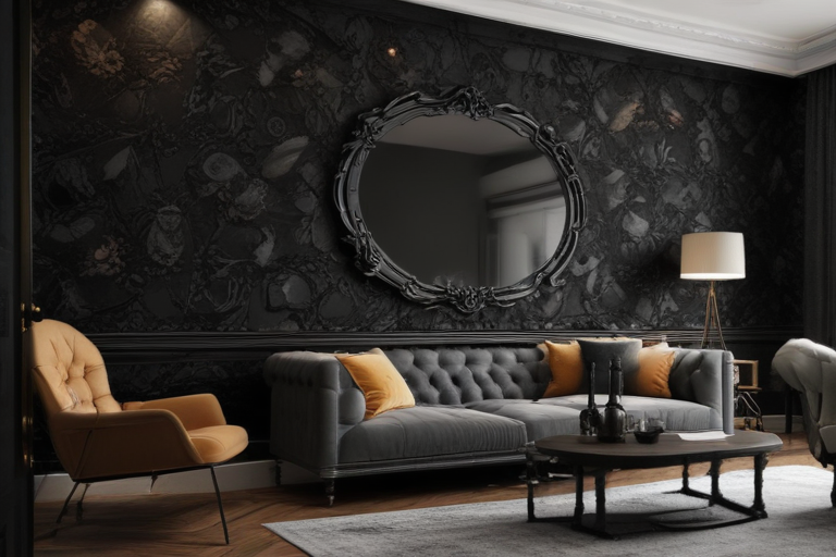 Elegant Living Room with Dark Floral Wallpaper and Vintage Mirror Design
