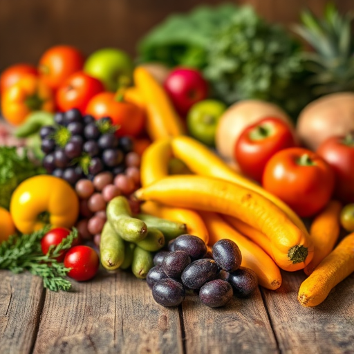 capture a colorful arrangement of fresh fruits and vegetables on a rustic wooden table with a shallow depth of field, using a Canon EOS R5 with an aperture of f/2.8, ISO 100, and a 50mm lens in natural lighting to enhance the vibrant colors and textures
